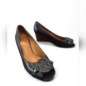 TORY BURCH Mini Miller Black Lizard Embossed Leather Peep Toe Wedge 9M